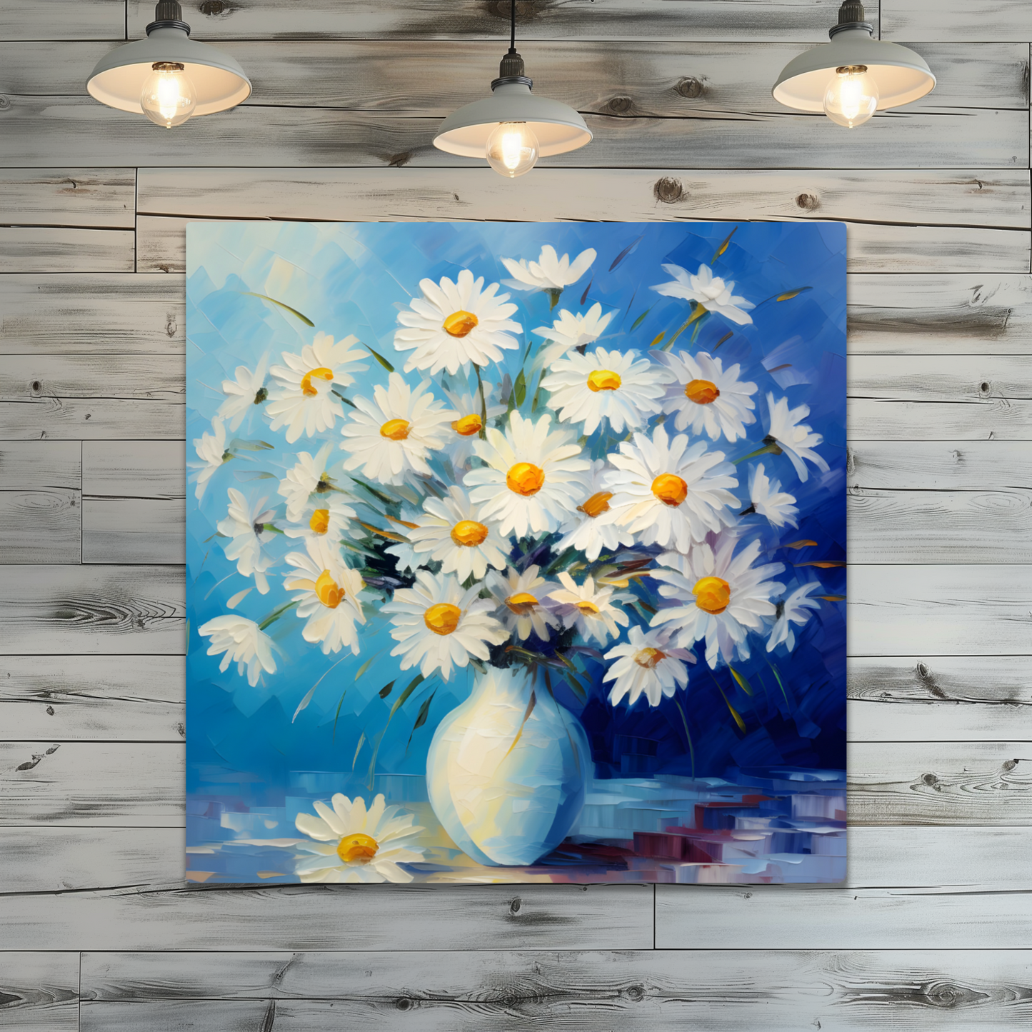 Sunlit Daisies in Blue Premium Square Aluminum Prints