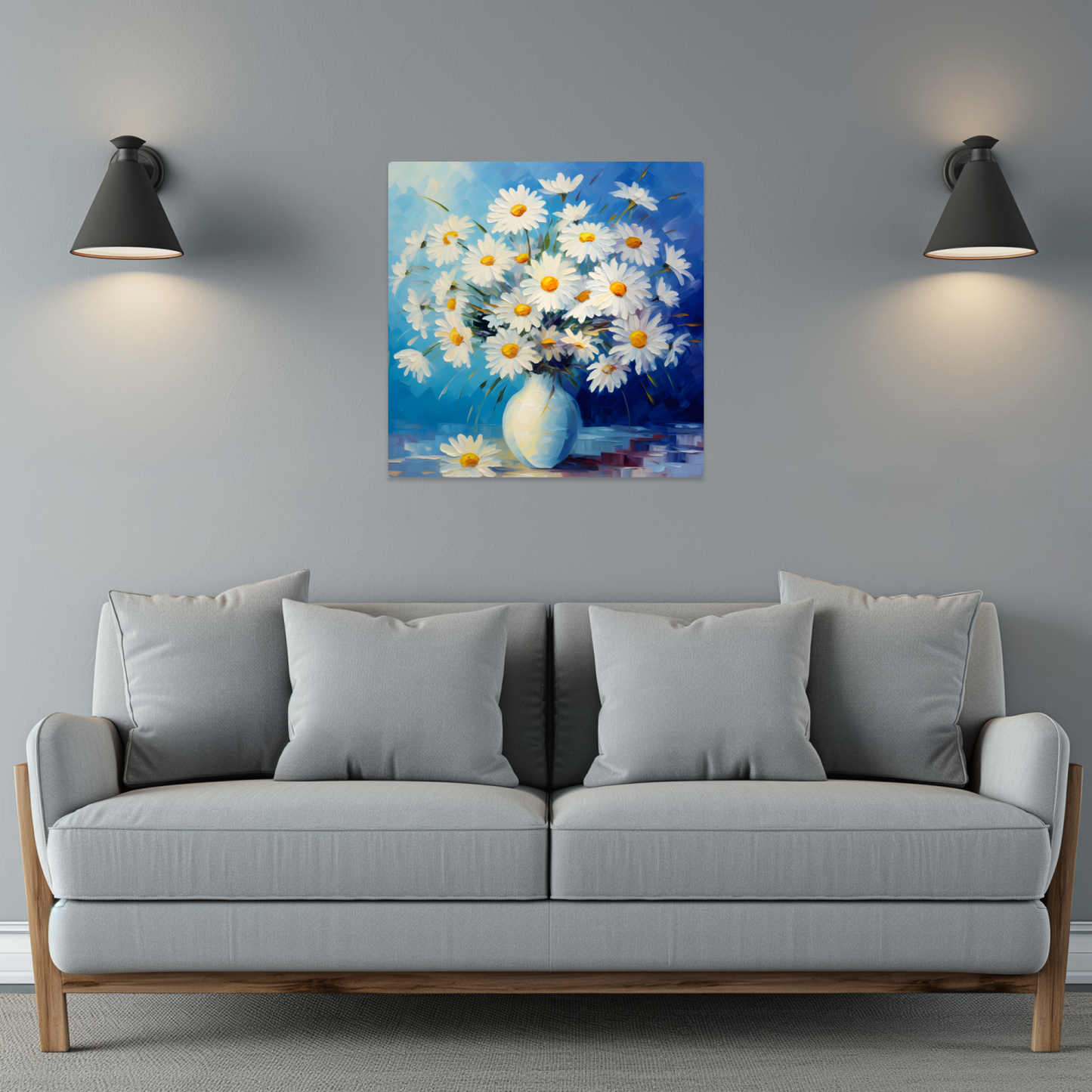 Sunlit Daisies in Blue Premium Square Aluminum Prints