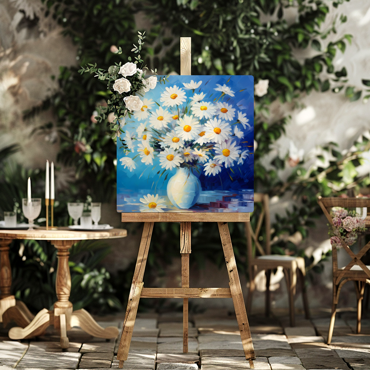 Sunlit Daisies in Blue Premium Square Aluminum Prints