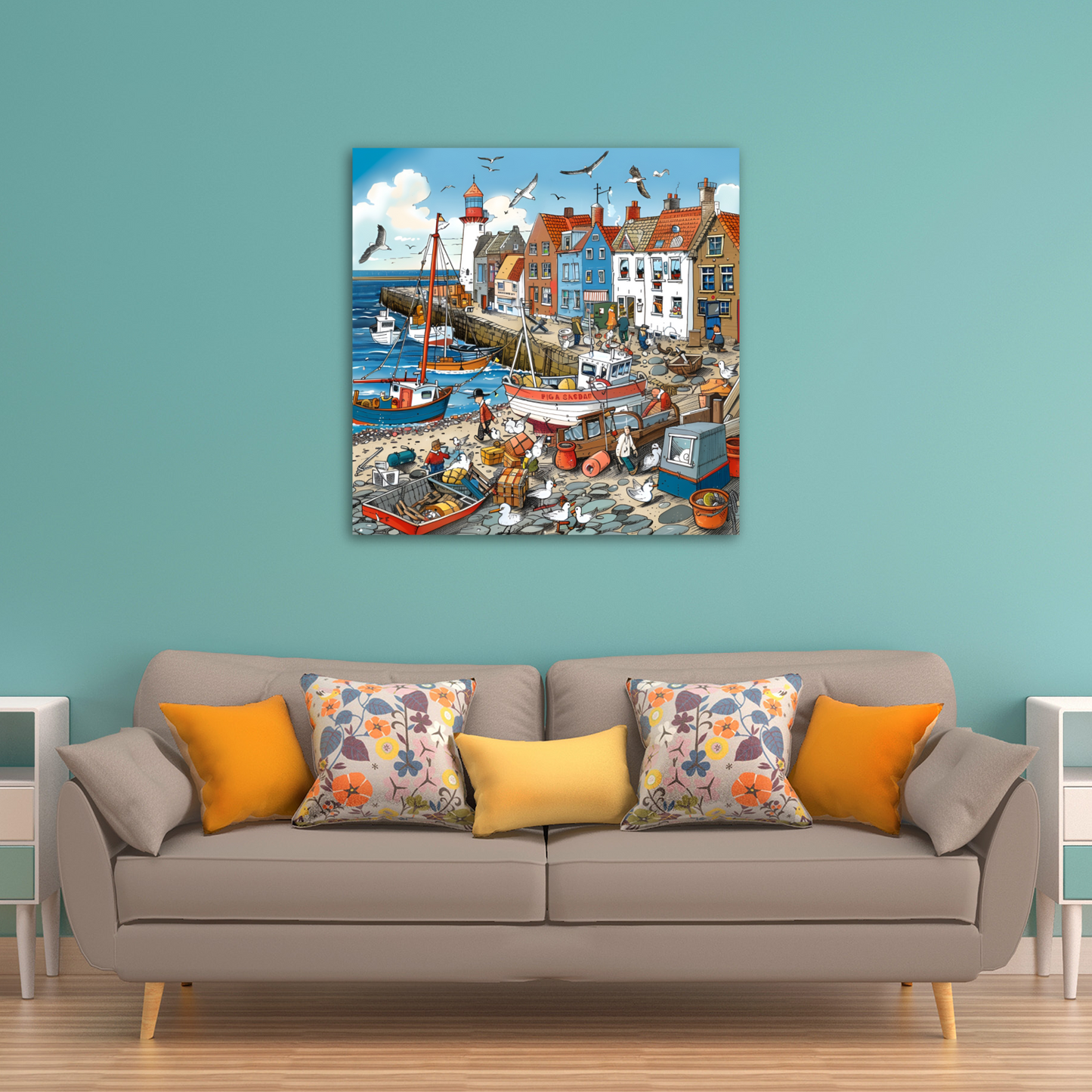 Seaside Harbor Bustle Deluxe Box Canvas Prints Square