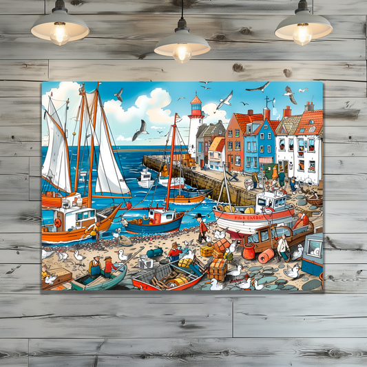 Seaside Harbor Bustle Premium Landscape Aluminum Prints