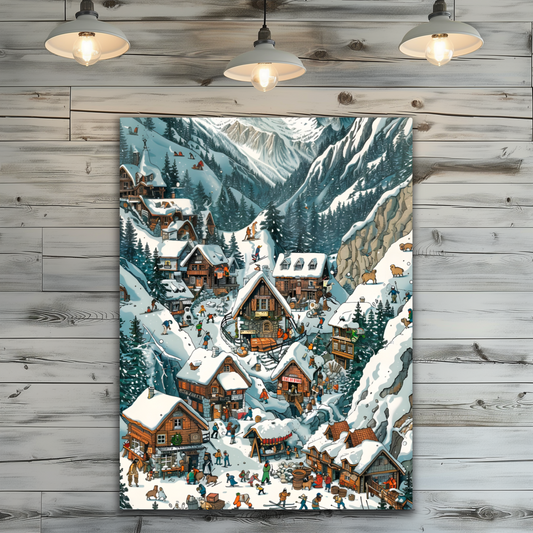 Snowy Mountain Village Premium Portrait Aluminum Prints