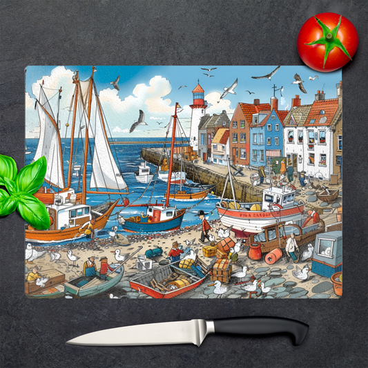 Seaside Harbor Bustle Textured Glass Chopping Boards