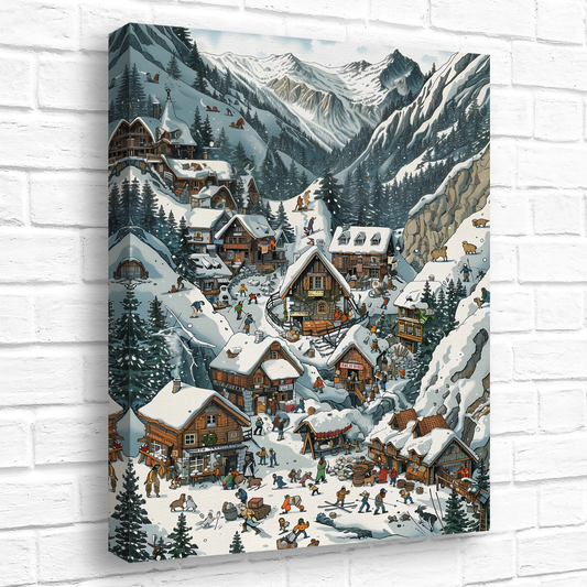 Snowy Mountain Village Deluxe Box Canvas Prints Portrait