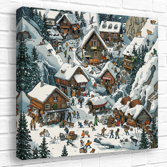 Snowy Mountain Village Deluxe Box Canvas Prints Square